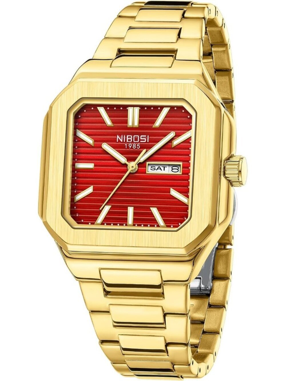 Nibosi Men's Gold Red Analog Quartz Stainless Steel Waterproof Date Square Watch